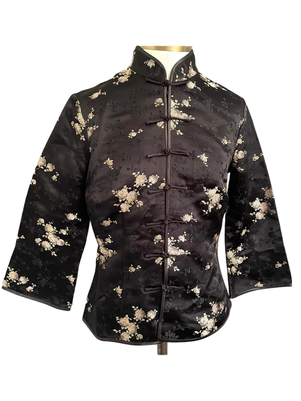 Vintage Chinese Black Satin Silk Blend Brocade Blouse - Small - Picture 2 of 11